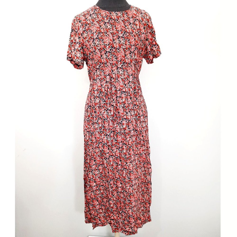 Vintage 90s Ditsy Floral Print Pink Black Short Sleeve Cottagecore Maxi Dress